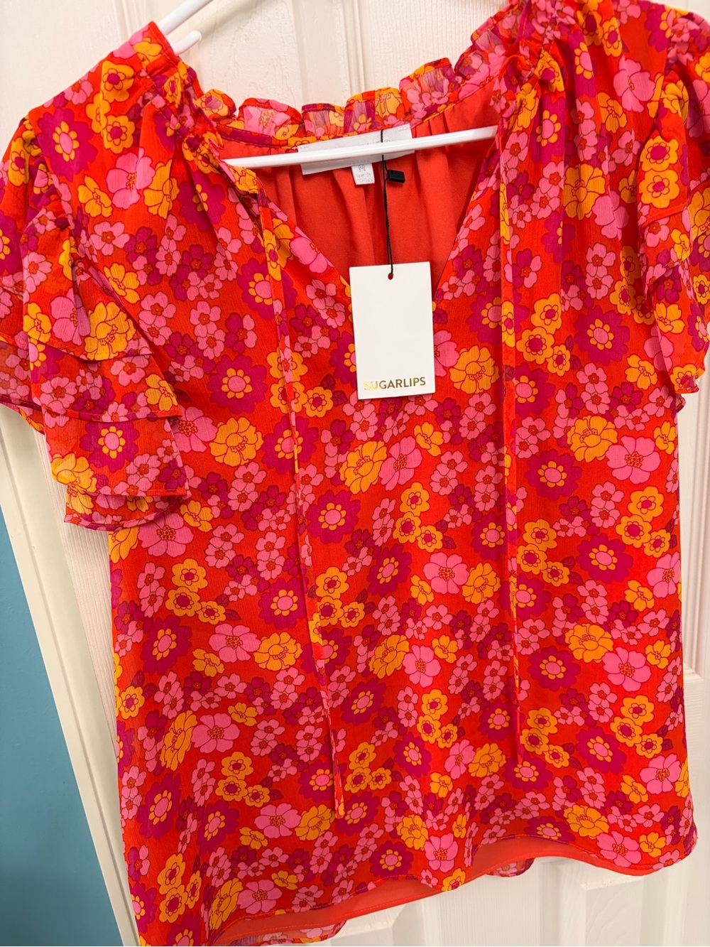 Simply Irresistible Bright Red Floral Ruffle Sleeve Blouse